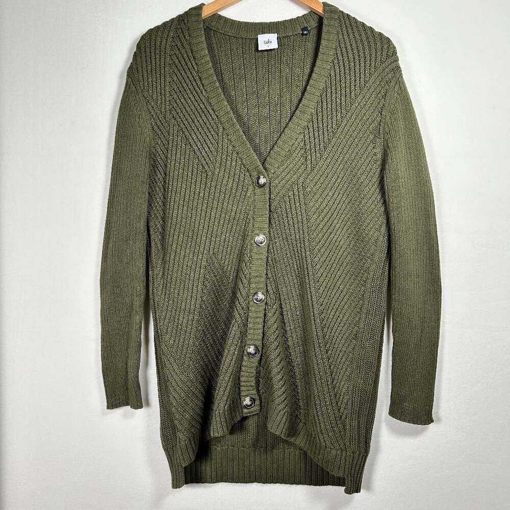 Cabi 100% cotton long Aerial cardigan sweater knit forest green casual